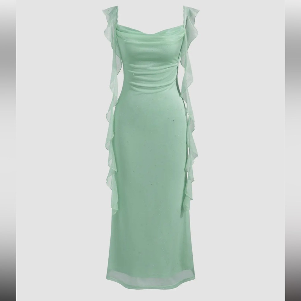 Sage Green Sequins Cowl Neck Midi Dress - Picture 2 of 8